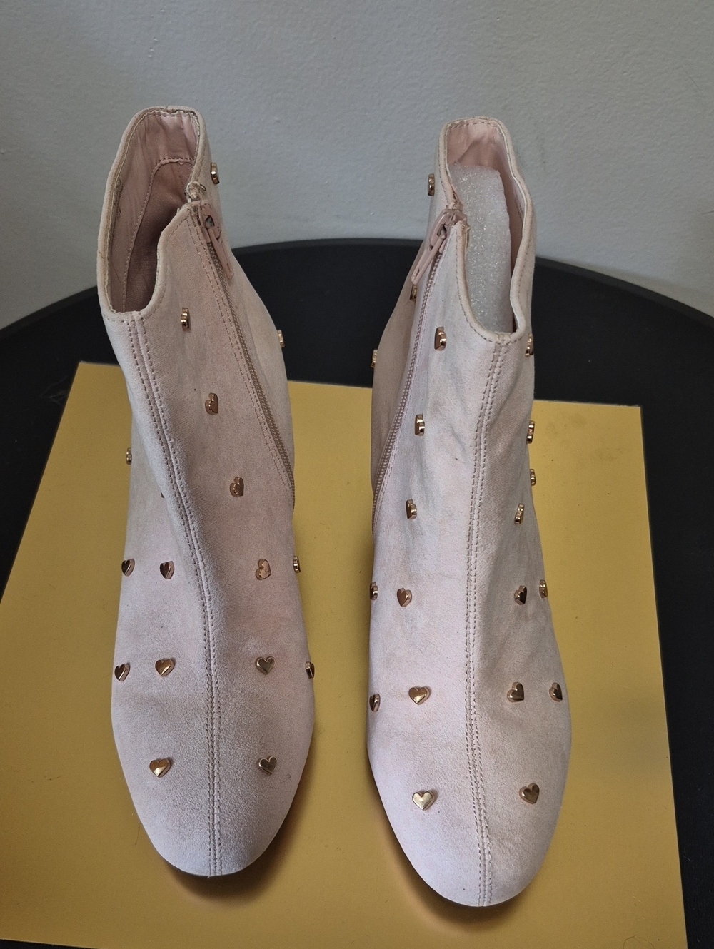 Bar III Blush Pink Suede Ankle Booties with Gold Heart Studs